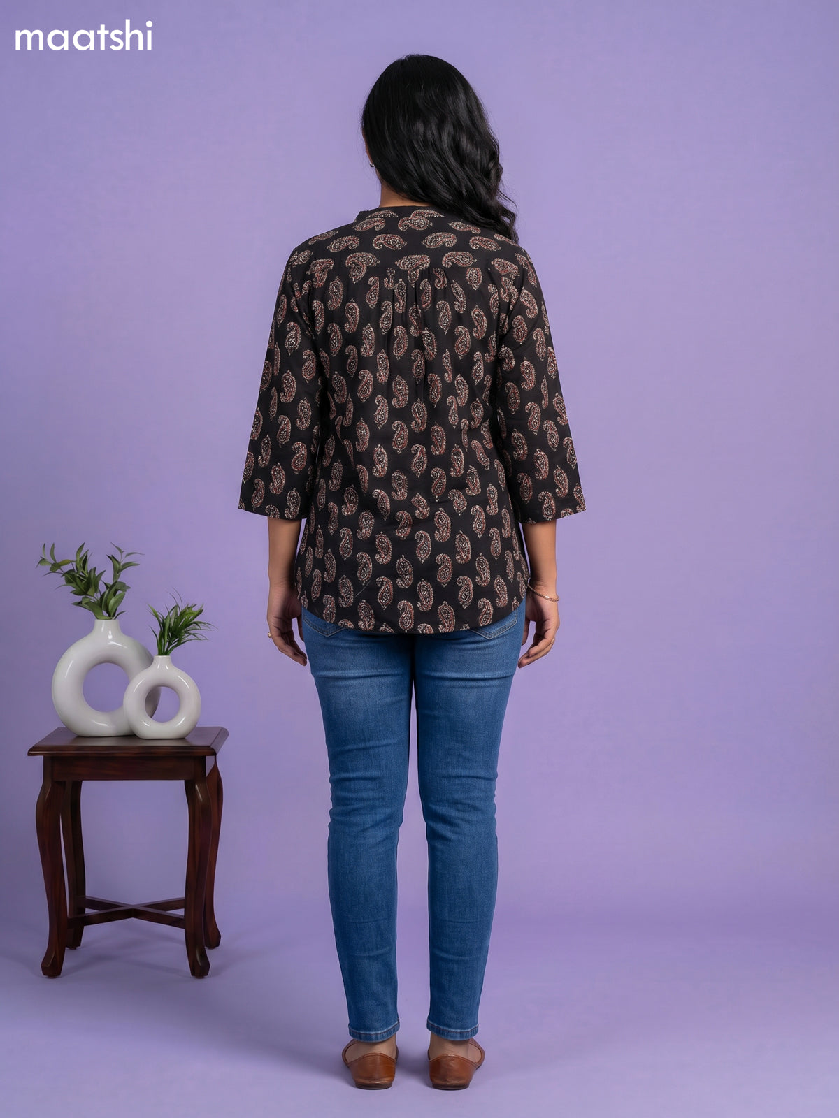 Black and Beige Cotton Printed Short Kurti