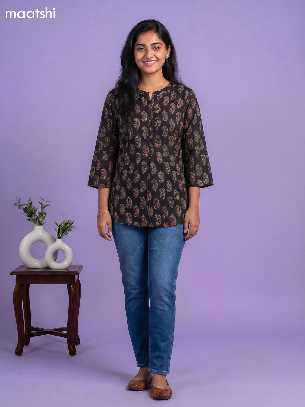 Black and Beige Cotton Printed Short Kurti