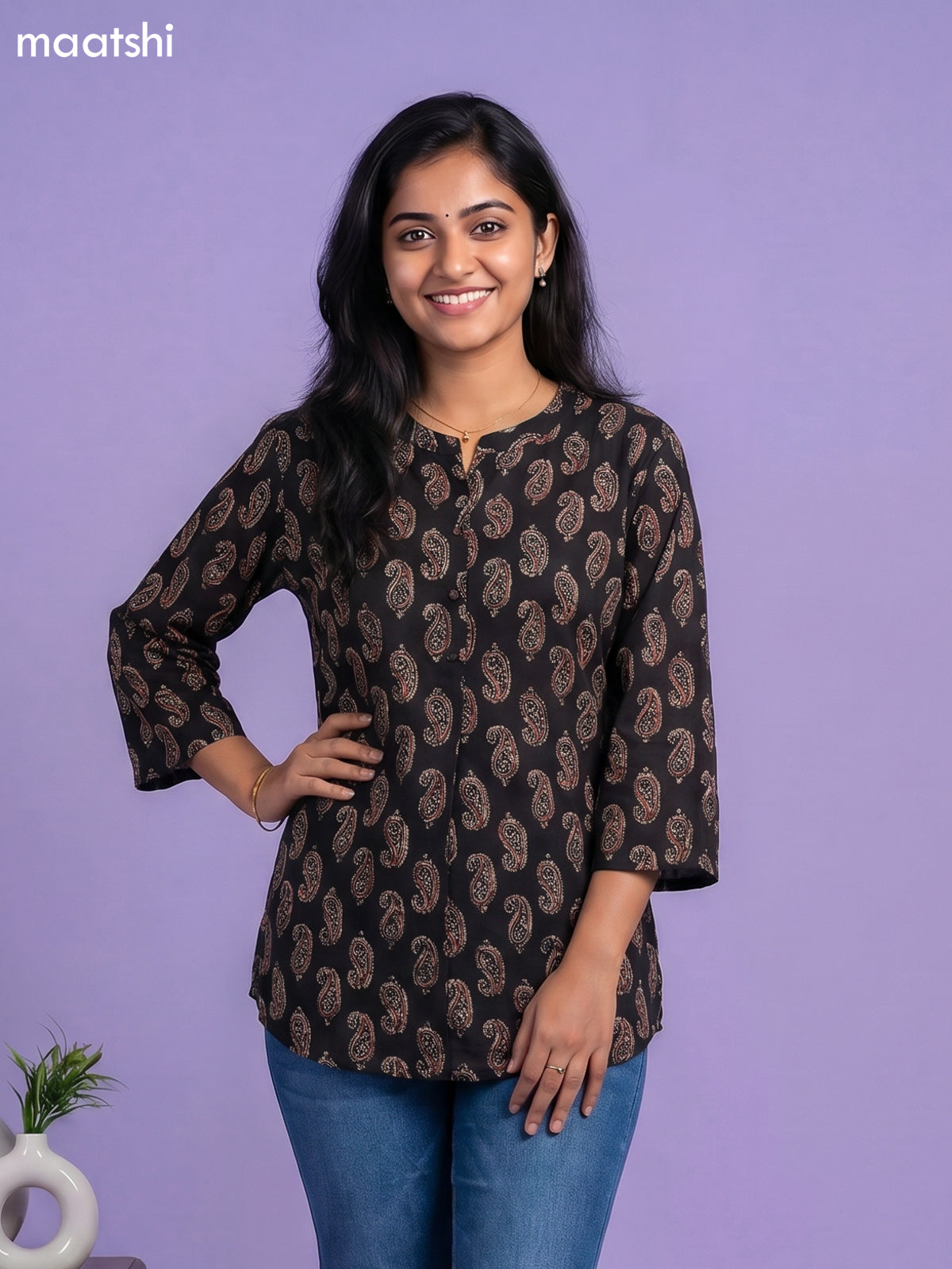 Black and Beige Cotton Printed Short Kurti