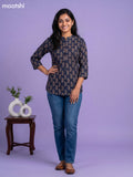 Navy Blue and Beige Cotton Printed Short Kurti