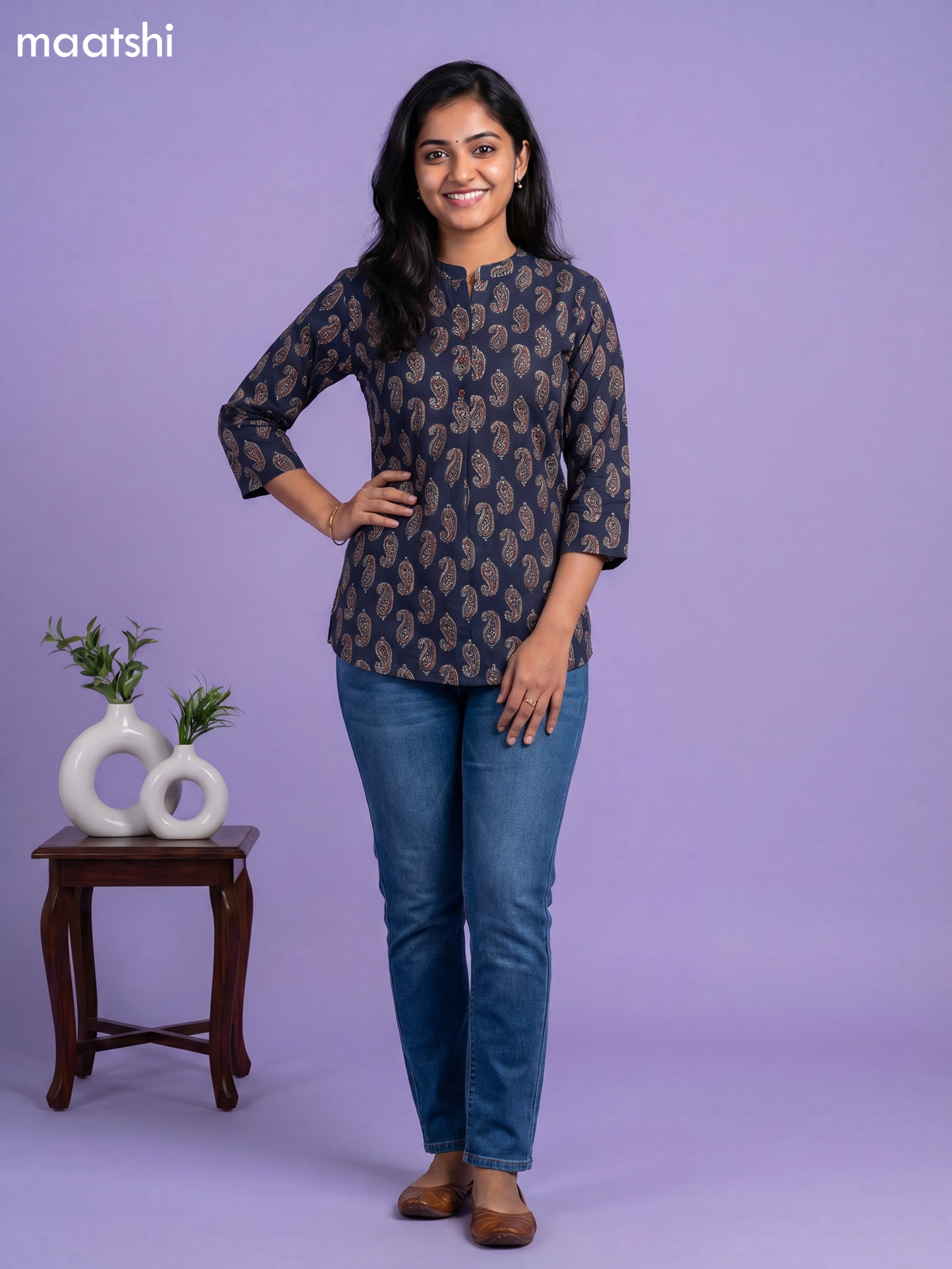 Navy Blue and Beige Cotton Printed Short Kurti