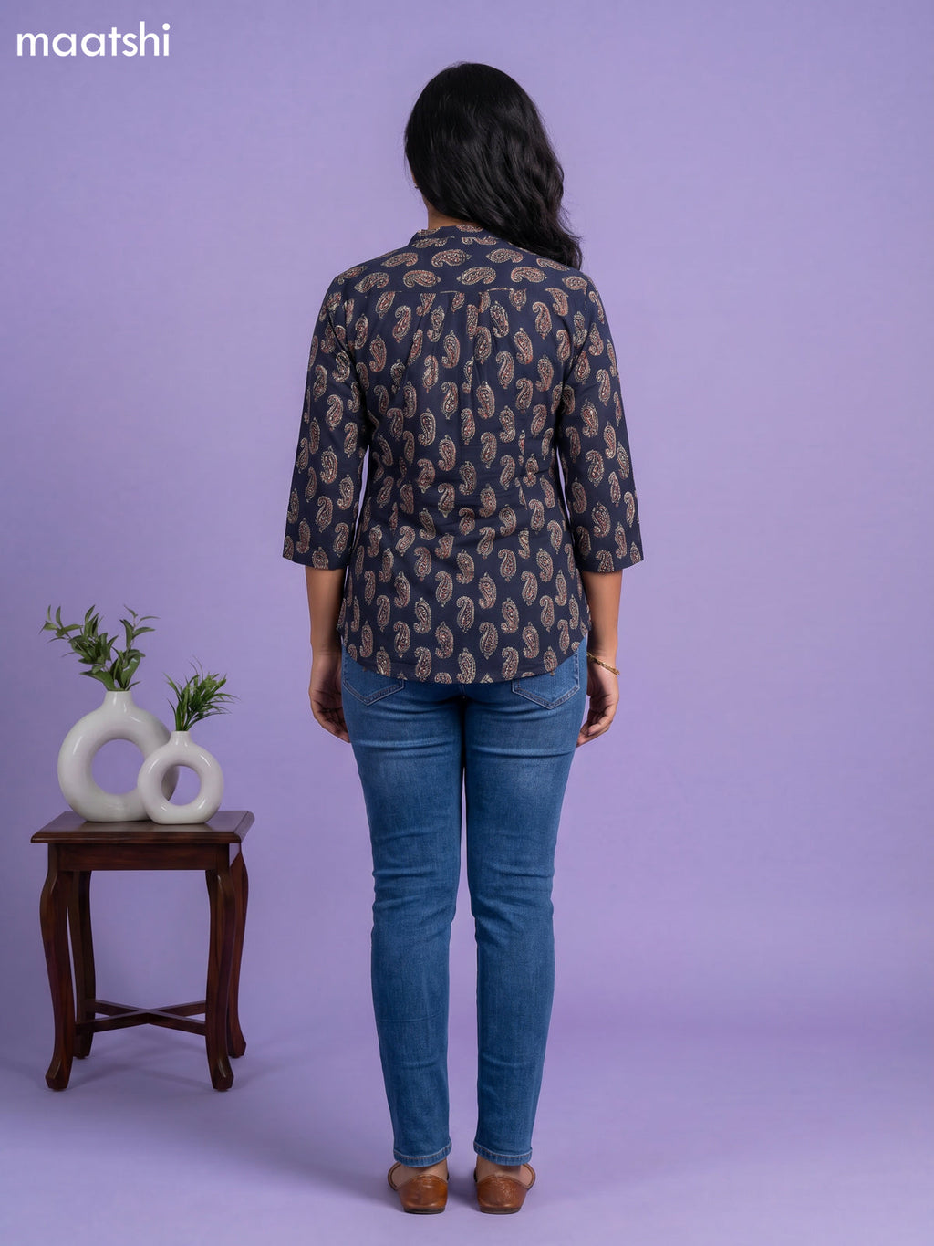 Navy Blue and Beige Cotton Printed Short Kurti