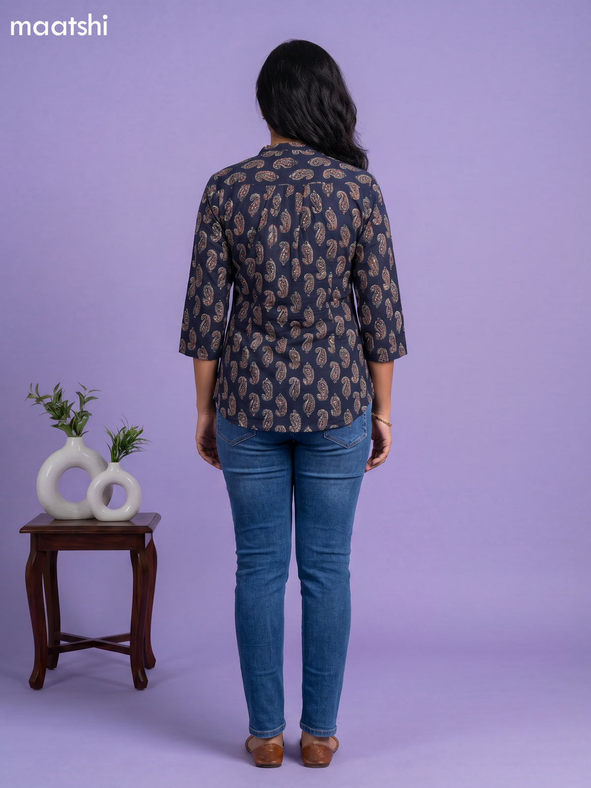 Navy Blue and Beige Cotton Printed Short Kurti