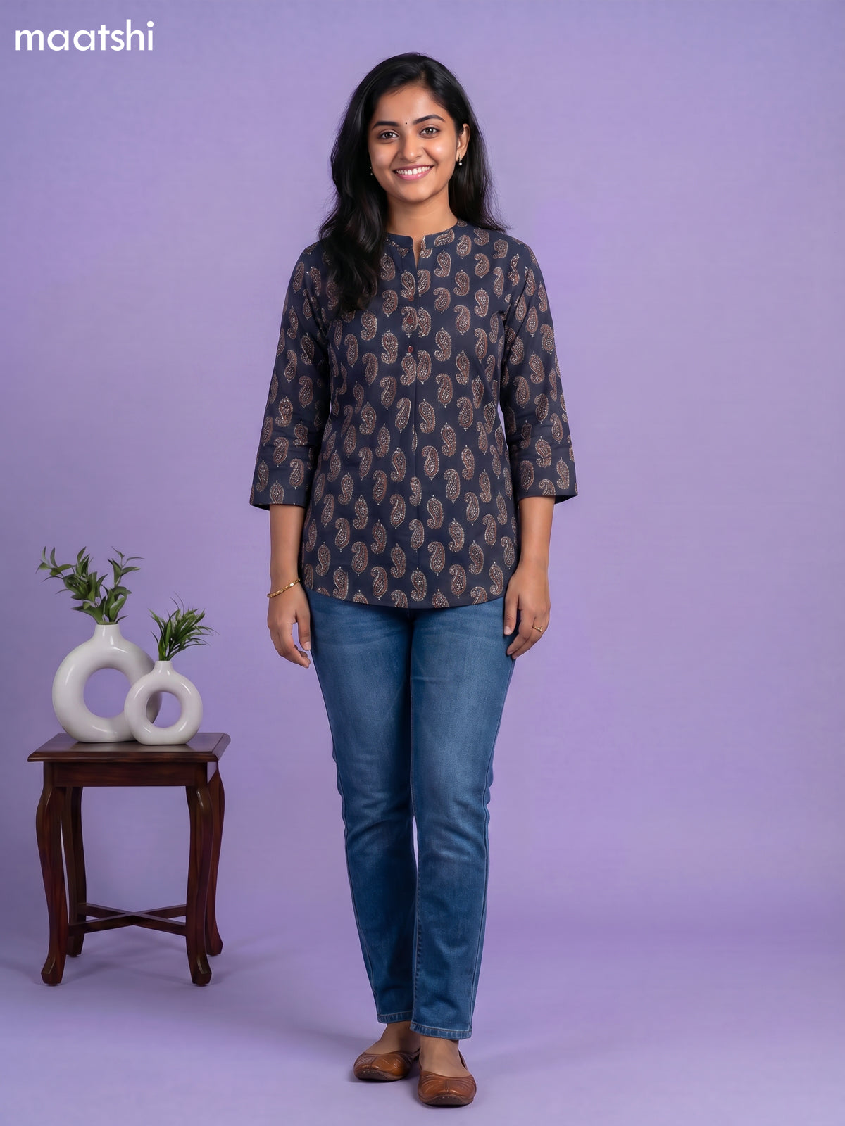 Navy Blue and Beige Cotton Printed Short Kurti