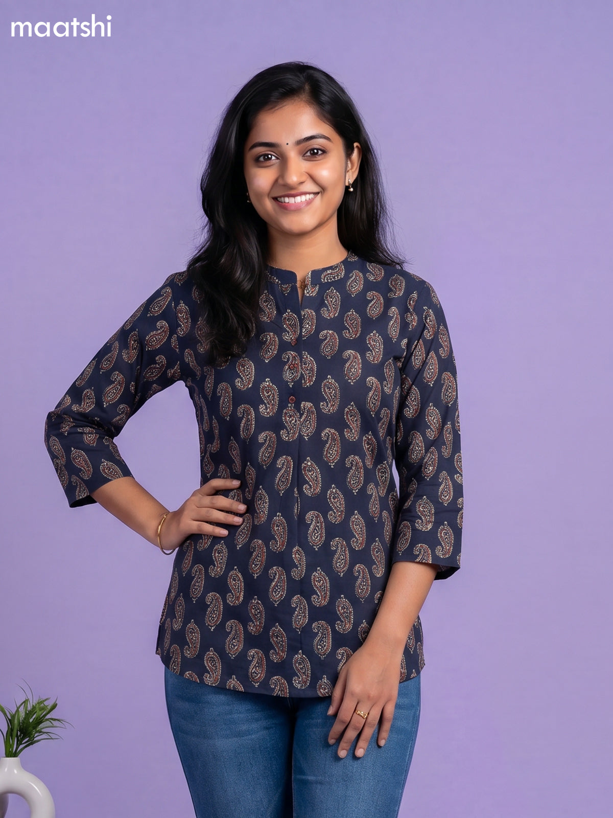 Navy Blue and Beige Cotton Printed Short Kurti