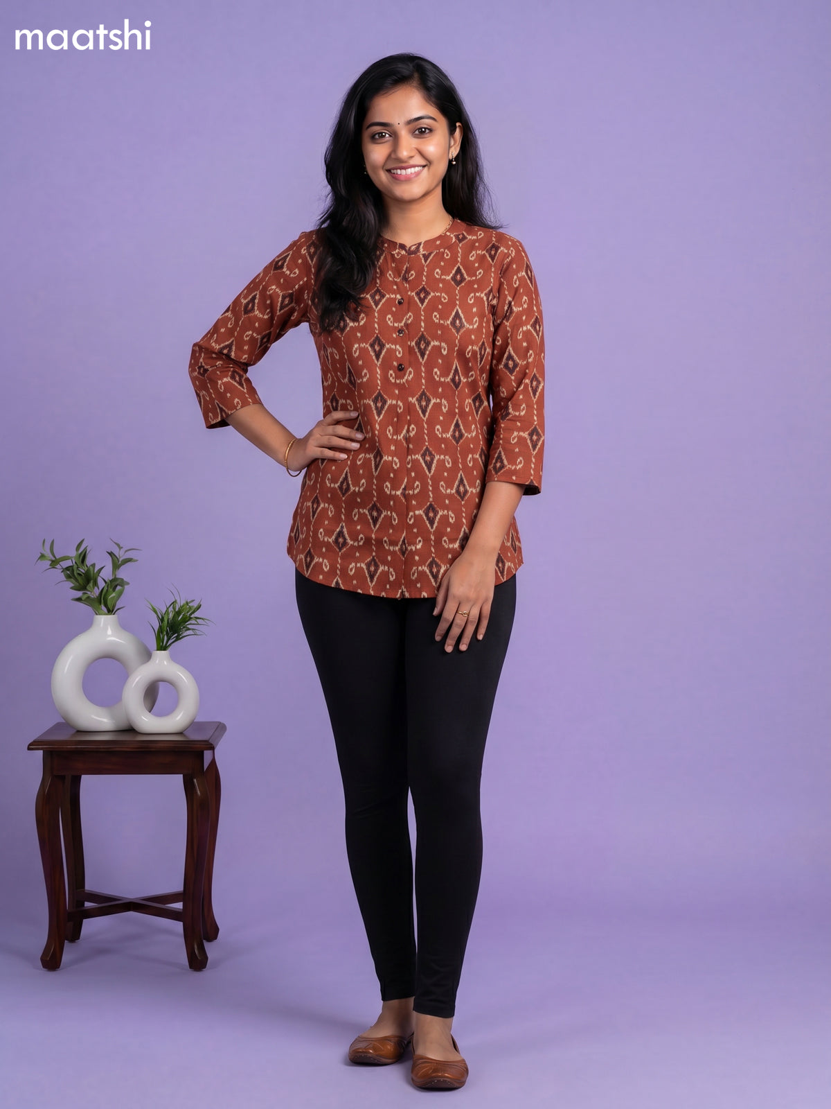 Rust Shade and Beige Cotton Printed Short Kurti