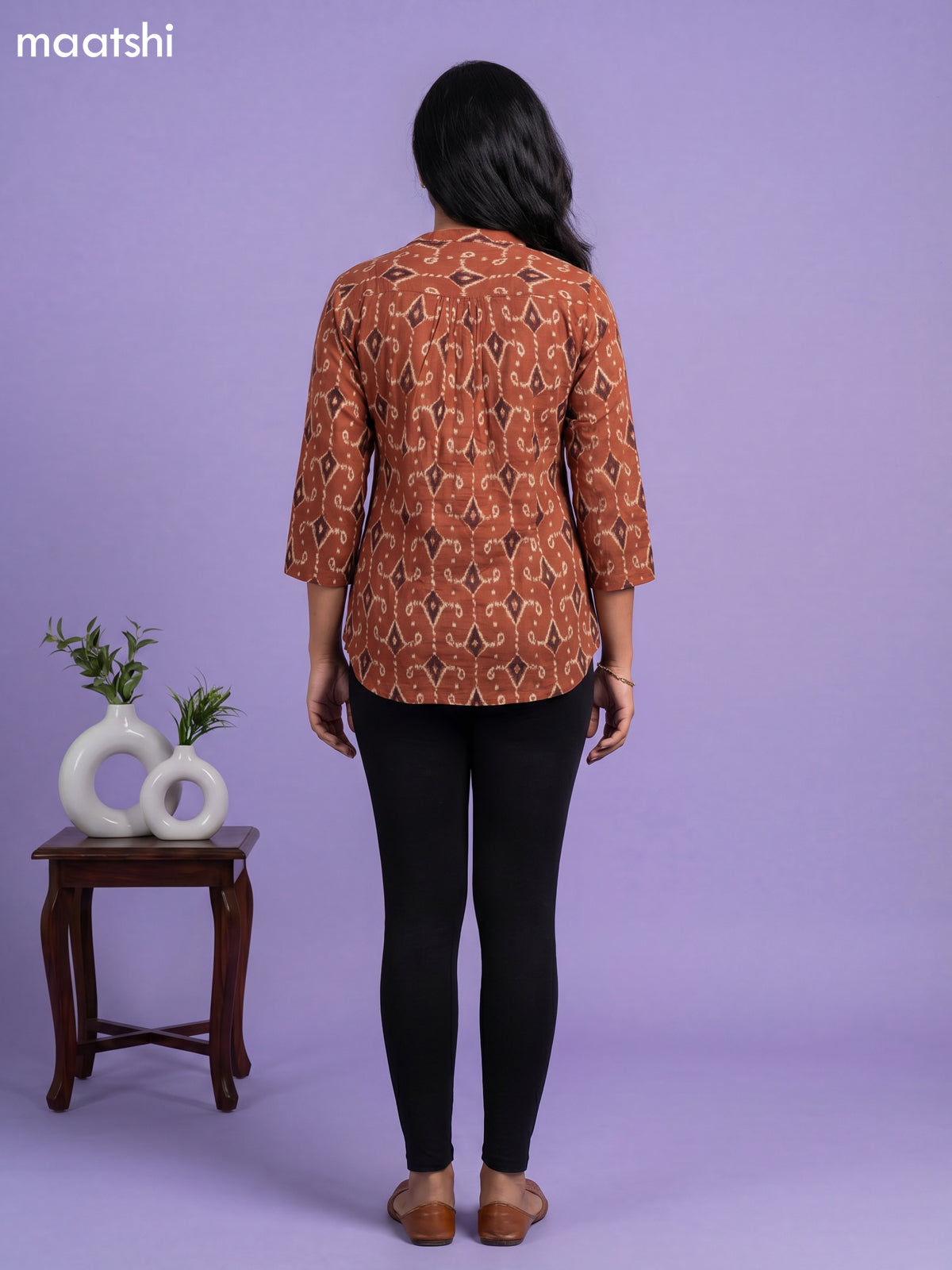 Rust Shade and Beige Cotton Printed Short Kurti