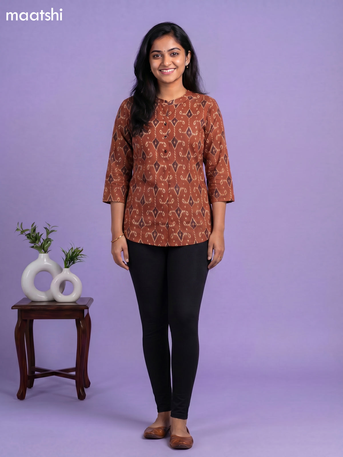 Rust Shade and Beige Cotton Printed Short Kurti