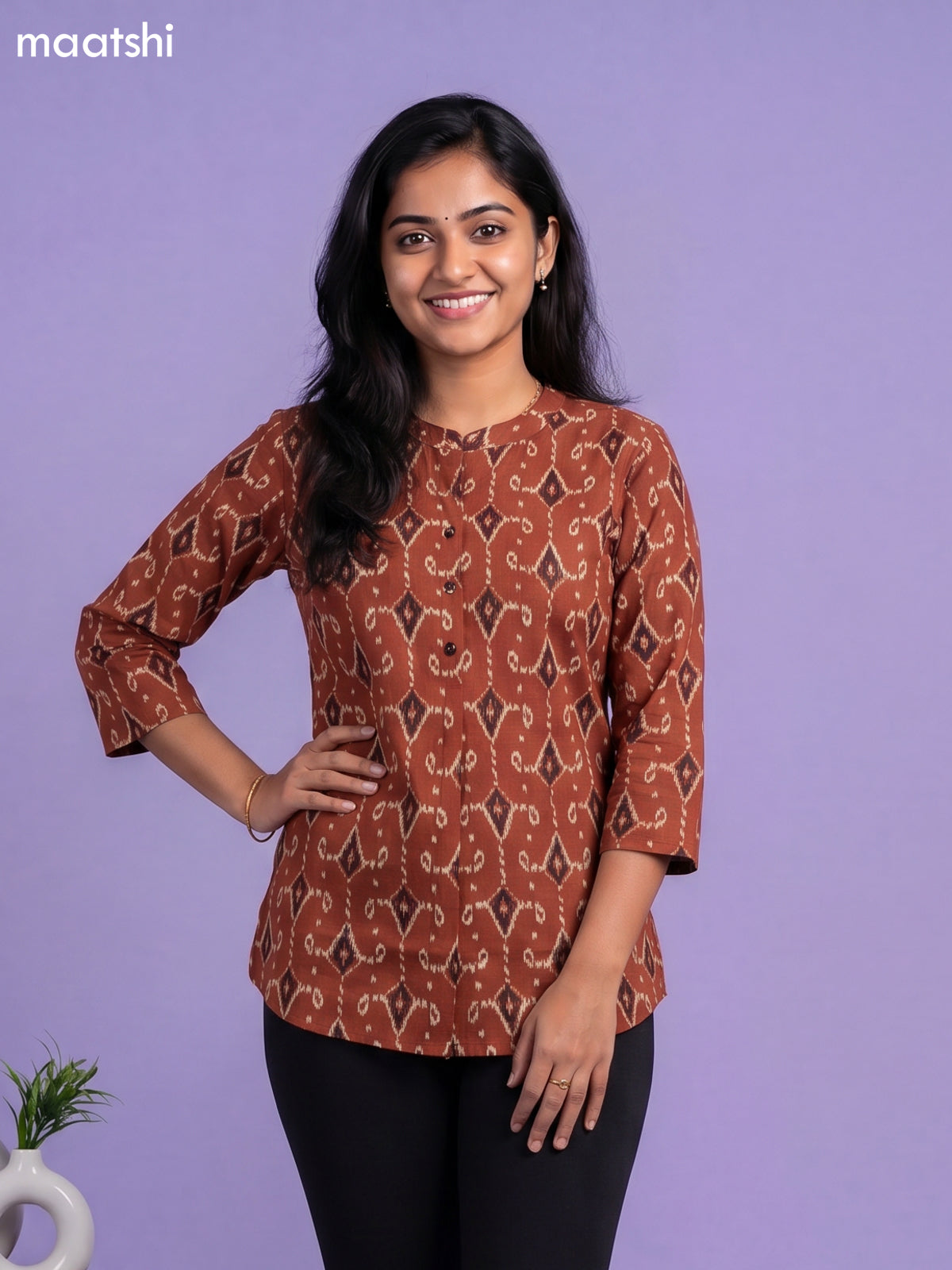 Rust Shade and Beige Cotton Printed Short Kurti