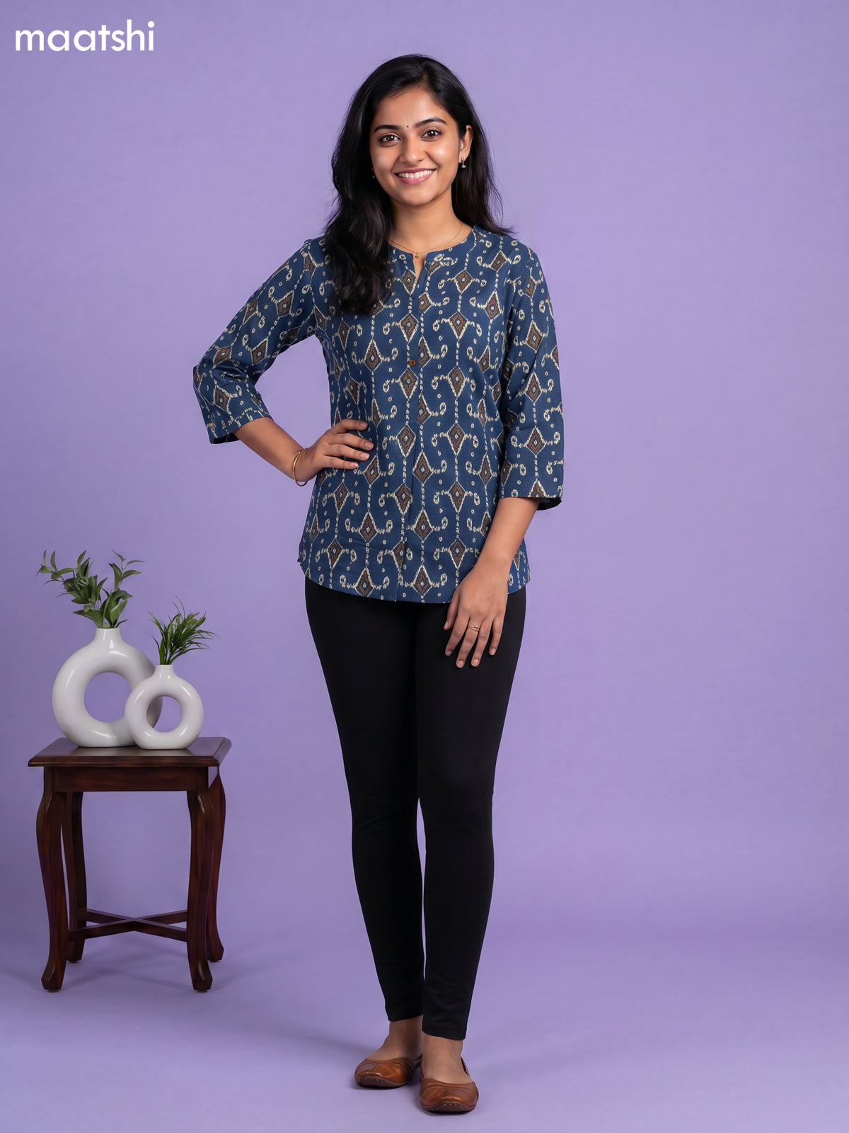 Peacock Blue and Beige Cotton Printed Short Kurti