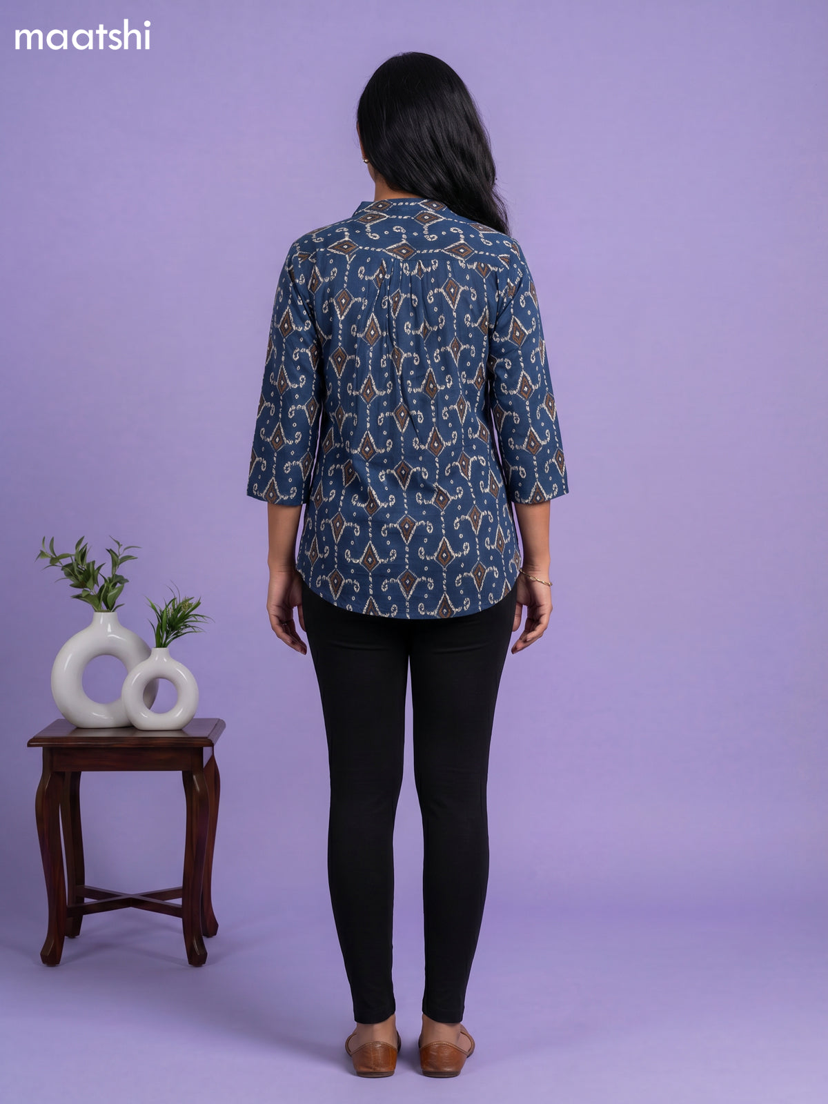 Peacock Blue and Beige Cotton Printed Short Kurti