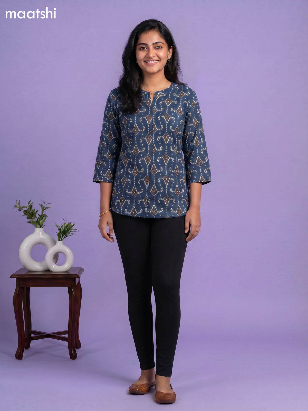 Peacock Blue and Beige Cotton Printed Short Kurti