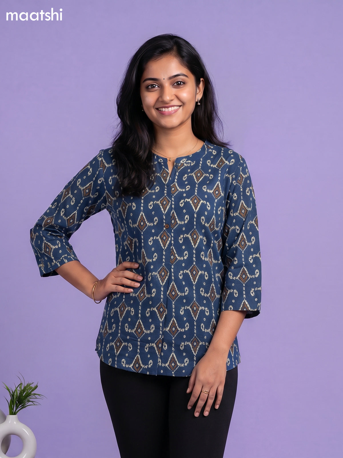 Peacock Blue and Beige Cotton Printed Short Kurti