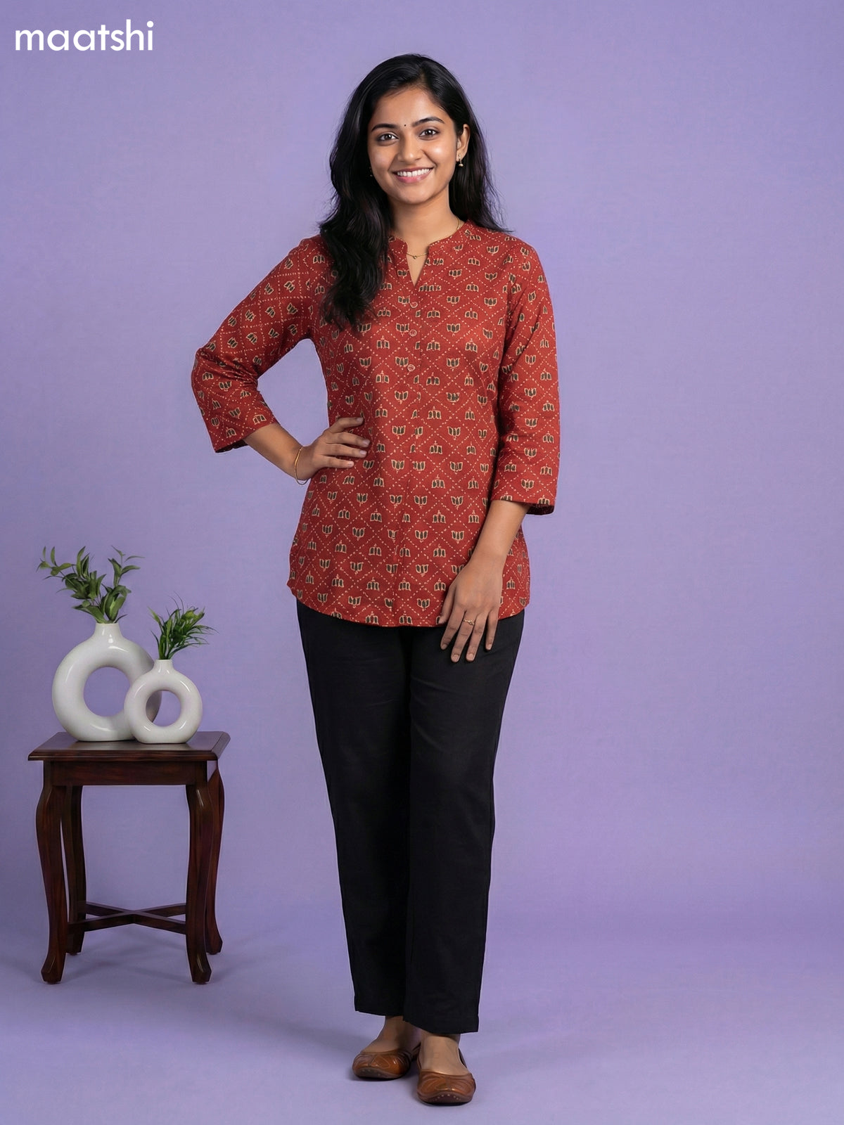 Rustic Maroon Cotton Allover Printed Short Kurti