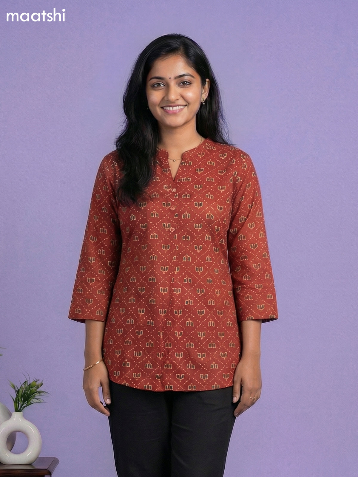 Rustic Maroon Cotton Allover Printed Short Kurti