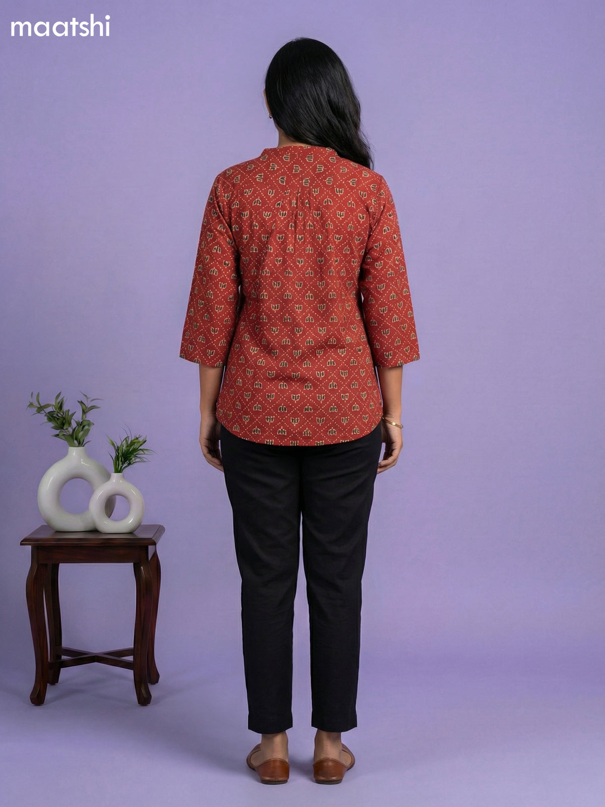 Rustic Maroon Cotton Allover Printed Short Kurti