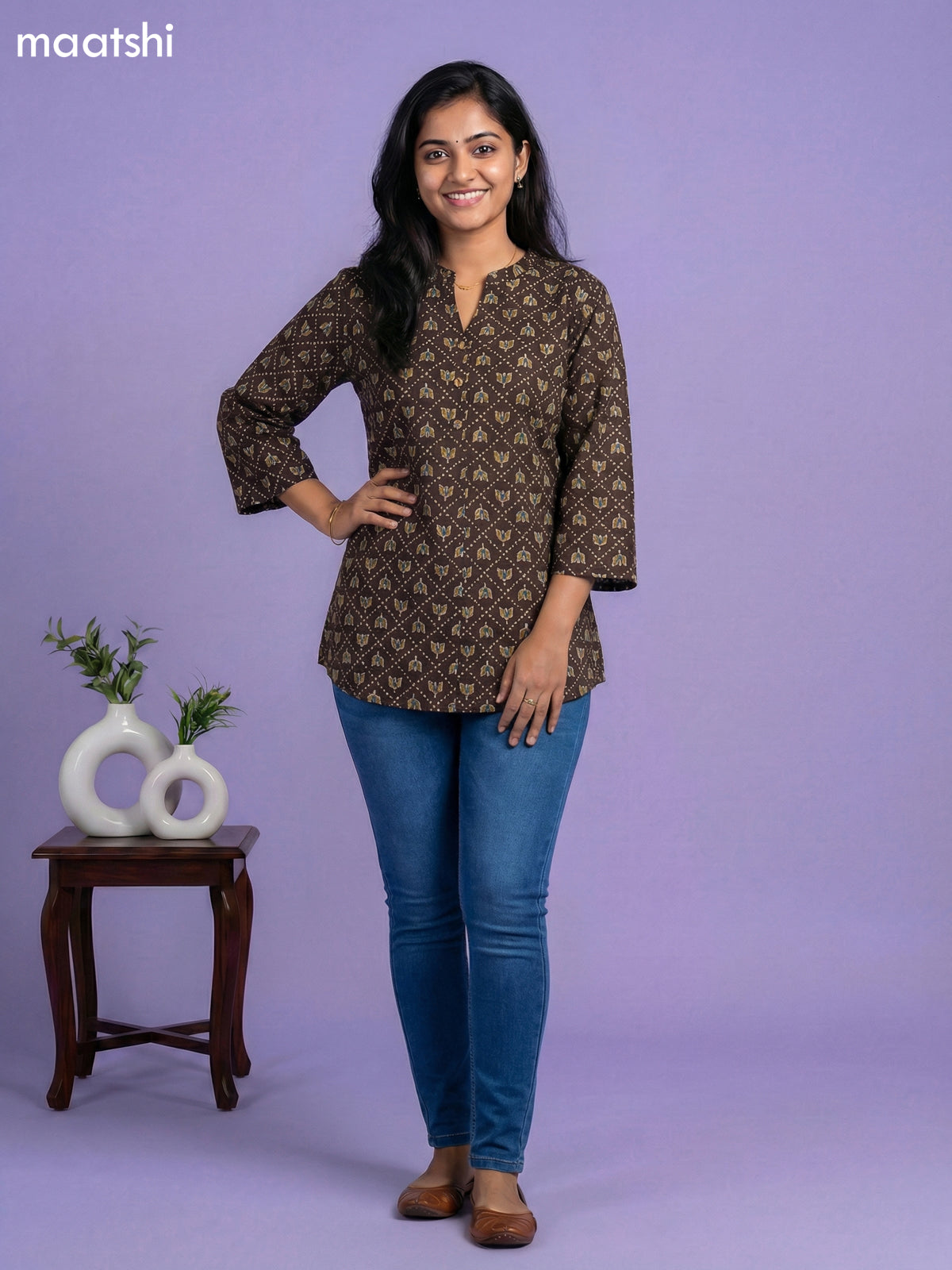 Deep Coffee Brown Cotton Allover Printed Short Kurti