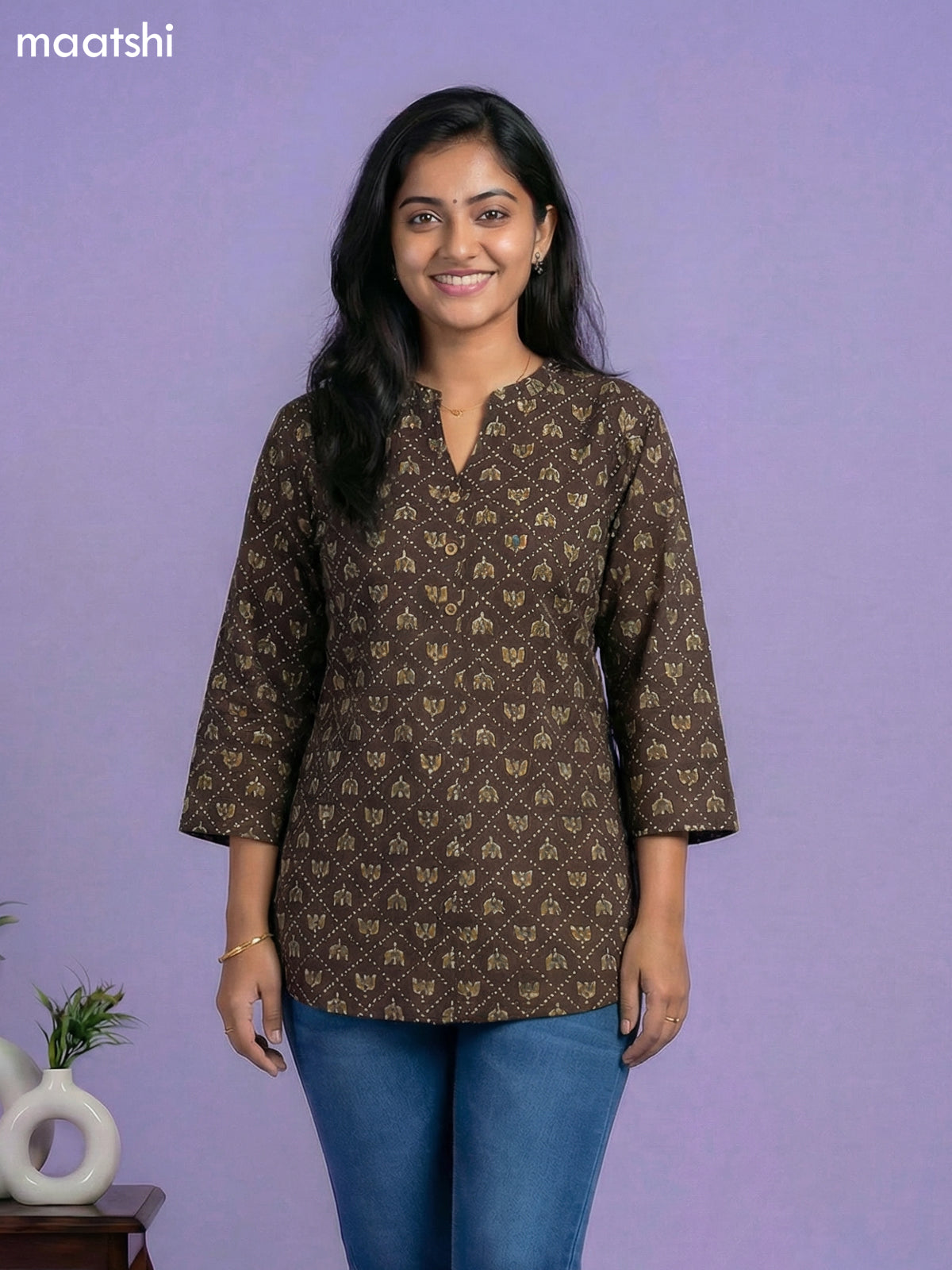 Deep Coffee Brown Cotton Allover Printed Short Kurti