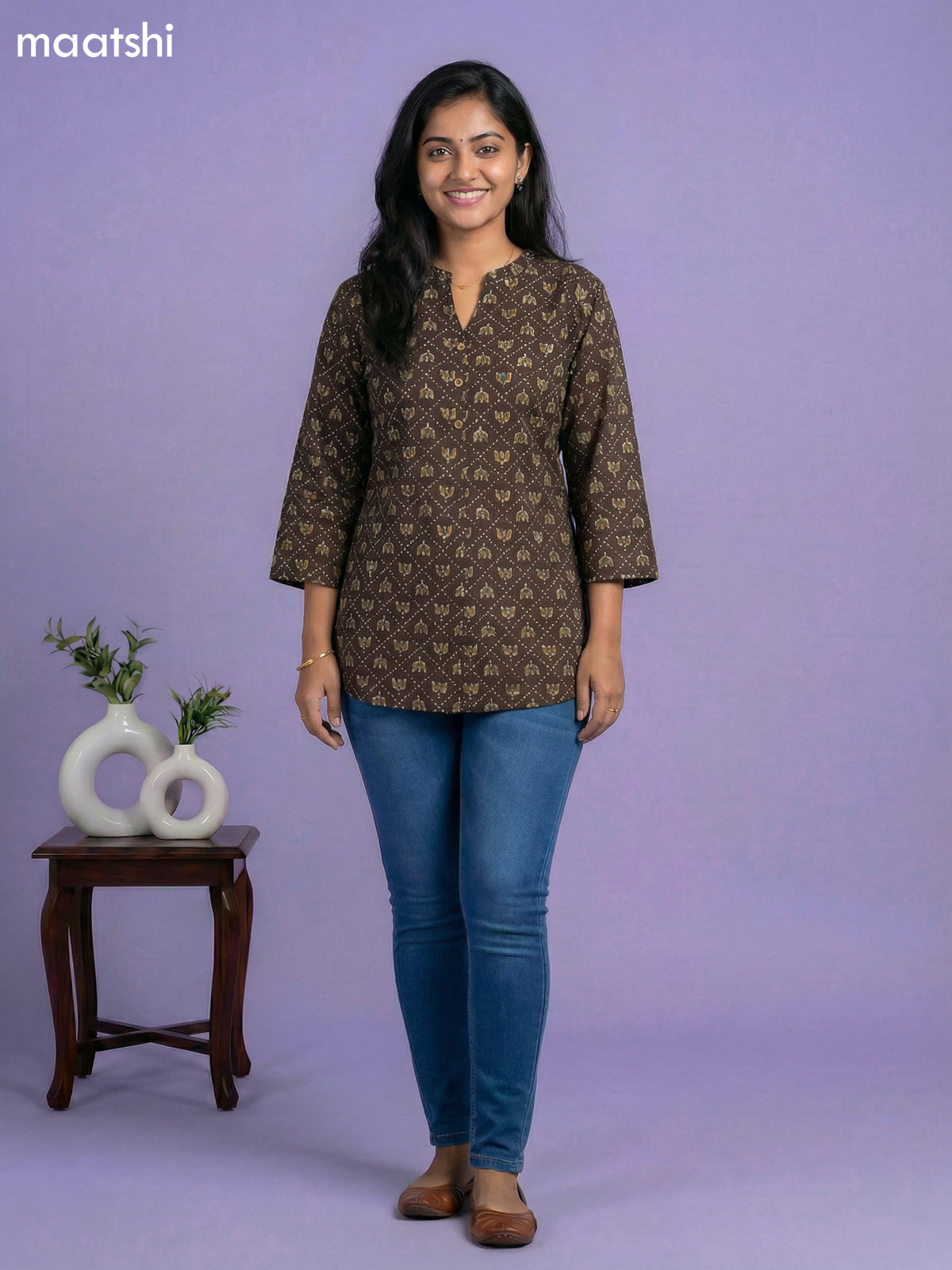 Deep Coffee Brown Cotton Allover Printed Short Kurti