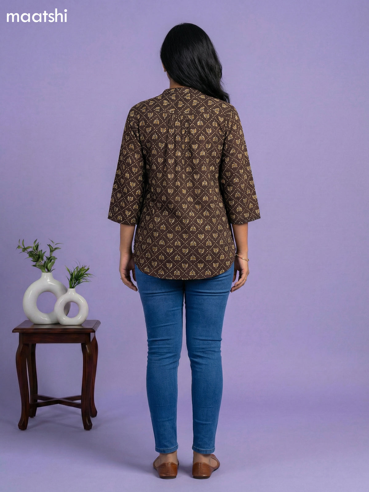 Deep Coffee Brown Cotton Allover Printed Short Kurti