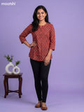 Maroon and Blue Cotton Printed Short Kurti