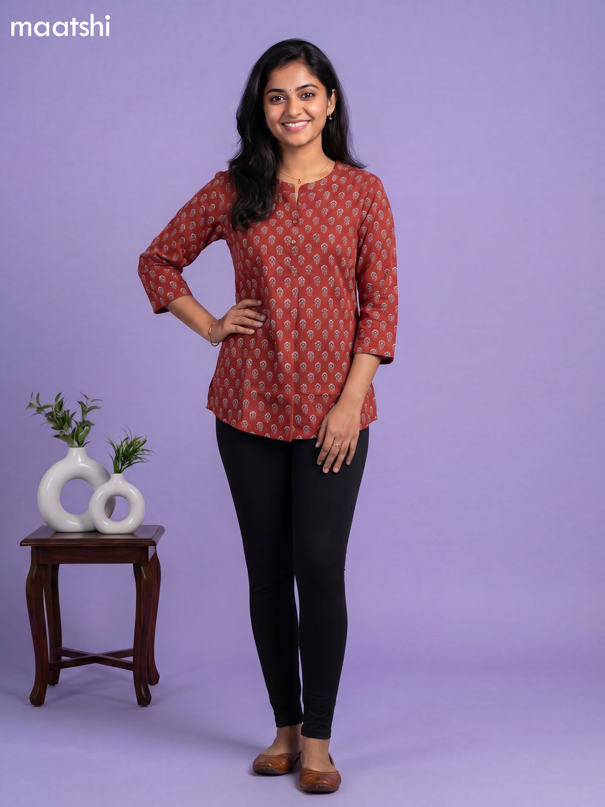 Maroon and Blue Cotton Printed Short Kurti