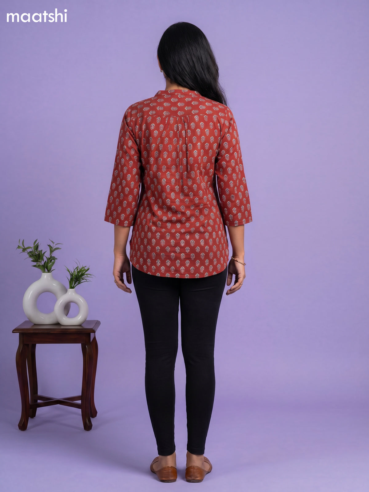 Maroon and Blue Cotton Printed Short Kurti