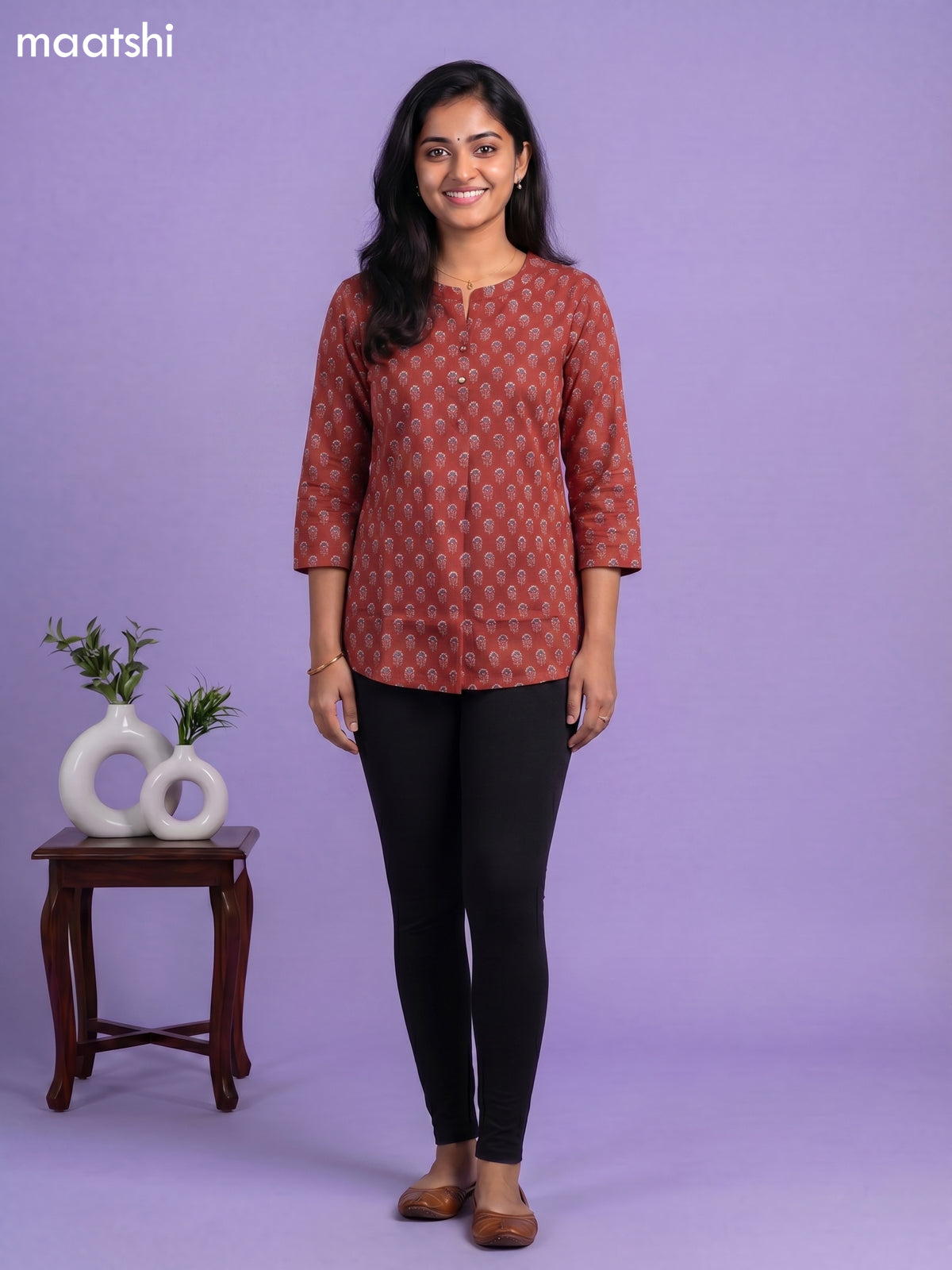 Maroon and Blue Cotton Printed Short Kurti