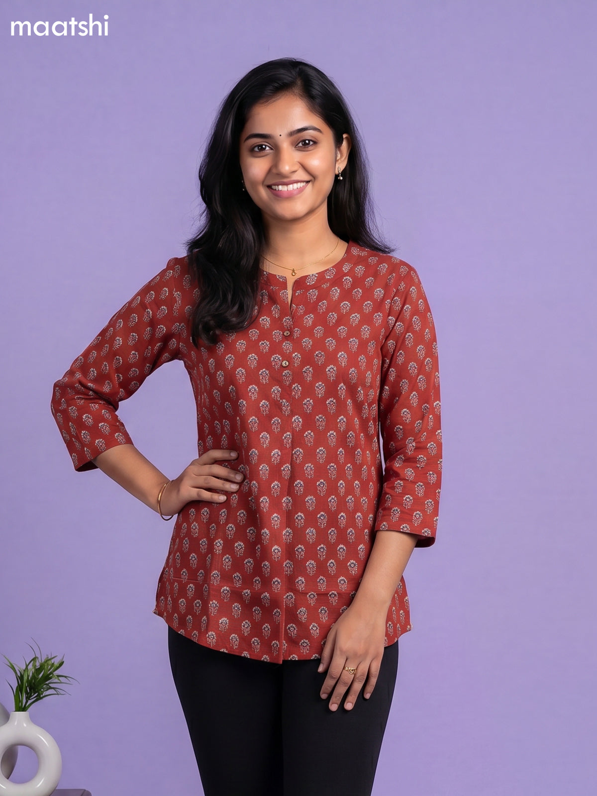 Maroon and Blue Cotton Printed Short Kurti