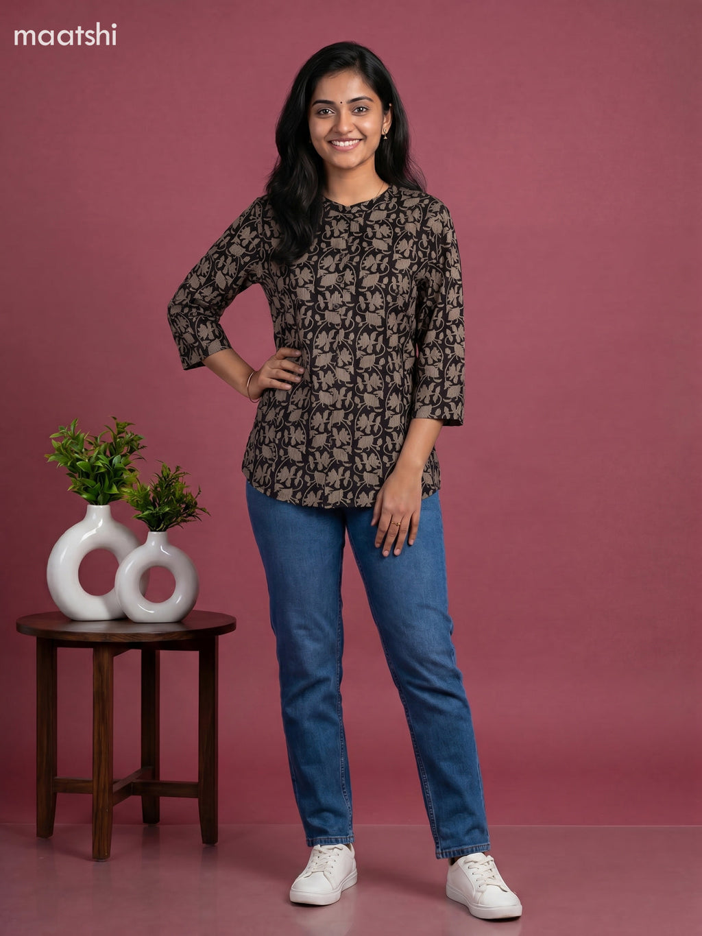 Black Cotton Printed Short Kurti