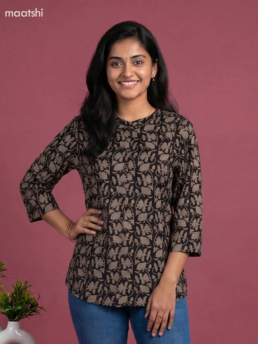 Black Cotton Printed Short Kurti