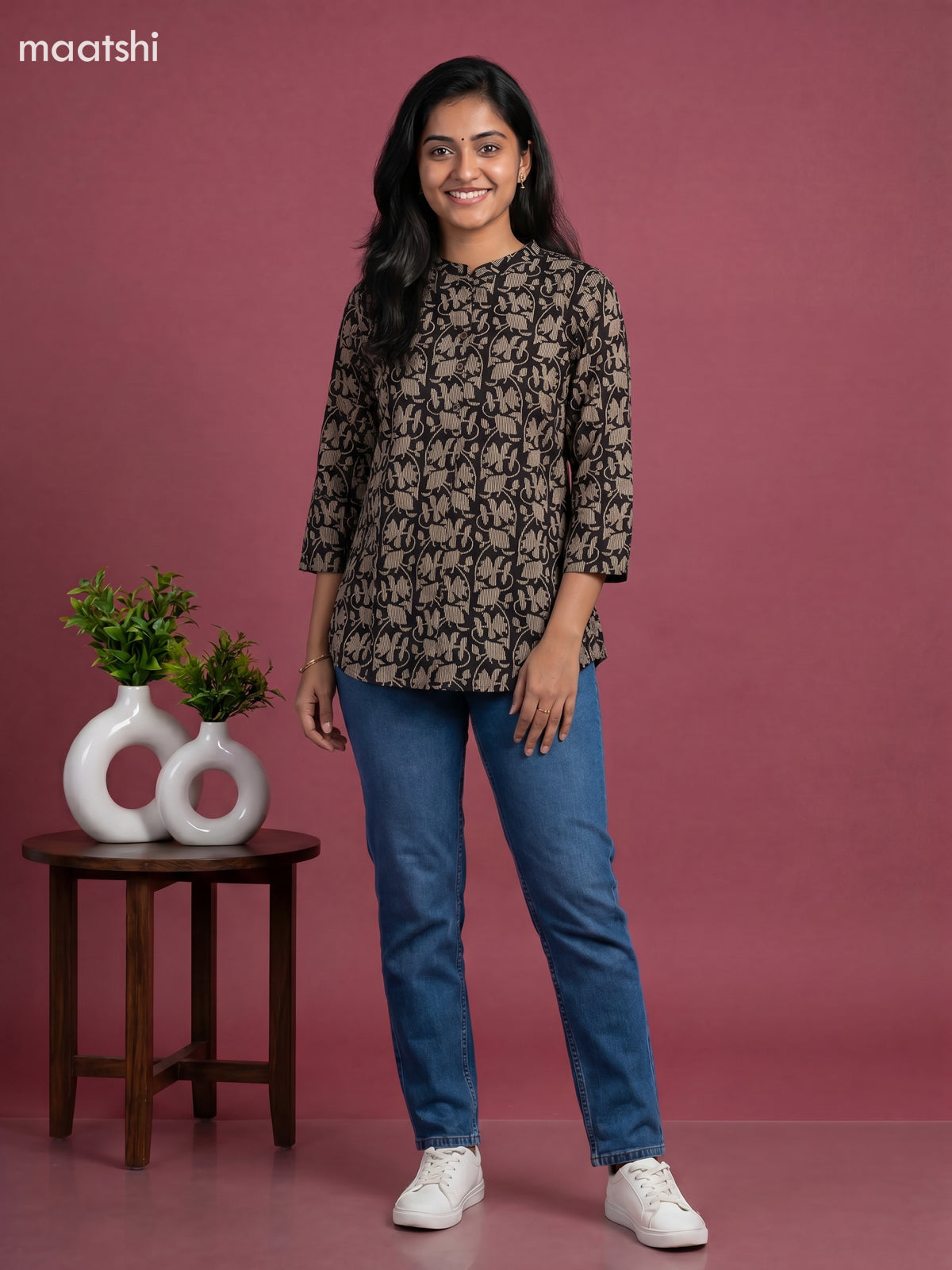 Black Cotton Printed Short Kurti