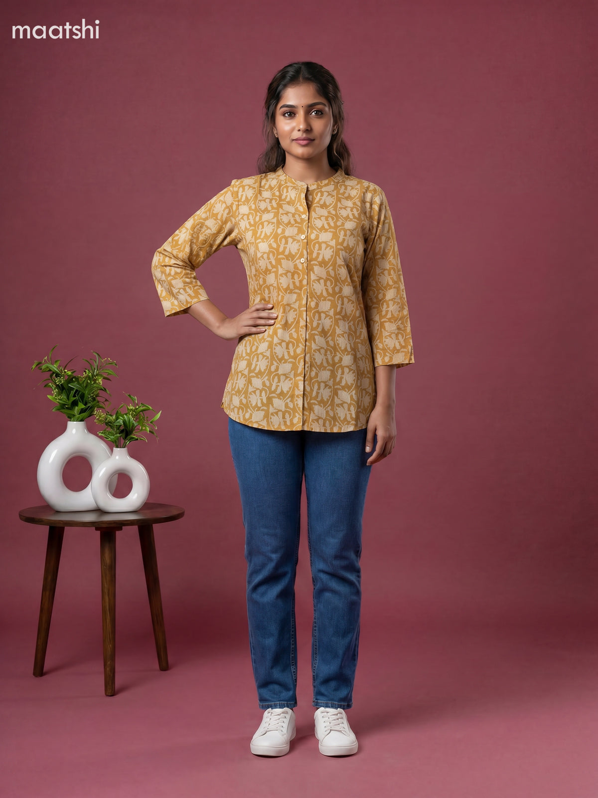 Musted Yellow Cotton Printed Short Kurti