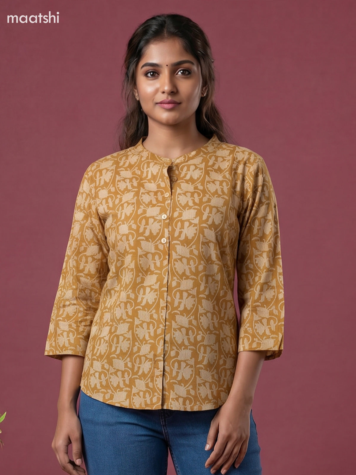 Musted Yellow Cotton Printed Short Kurti