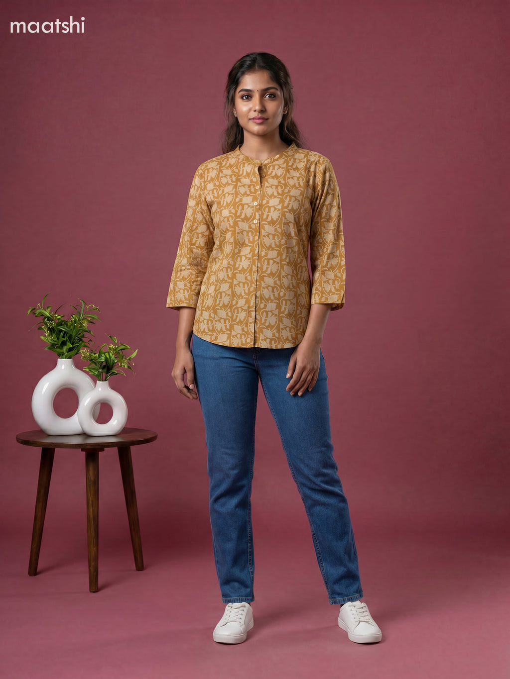 Musted Yellow Cotton Printed Short Kurti