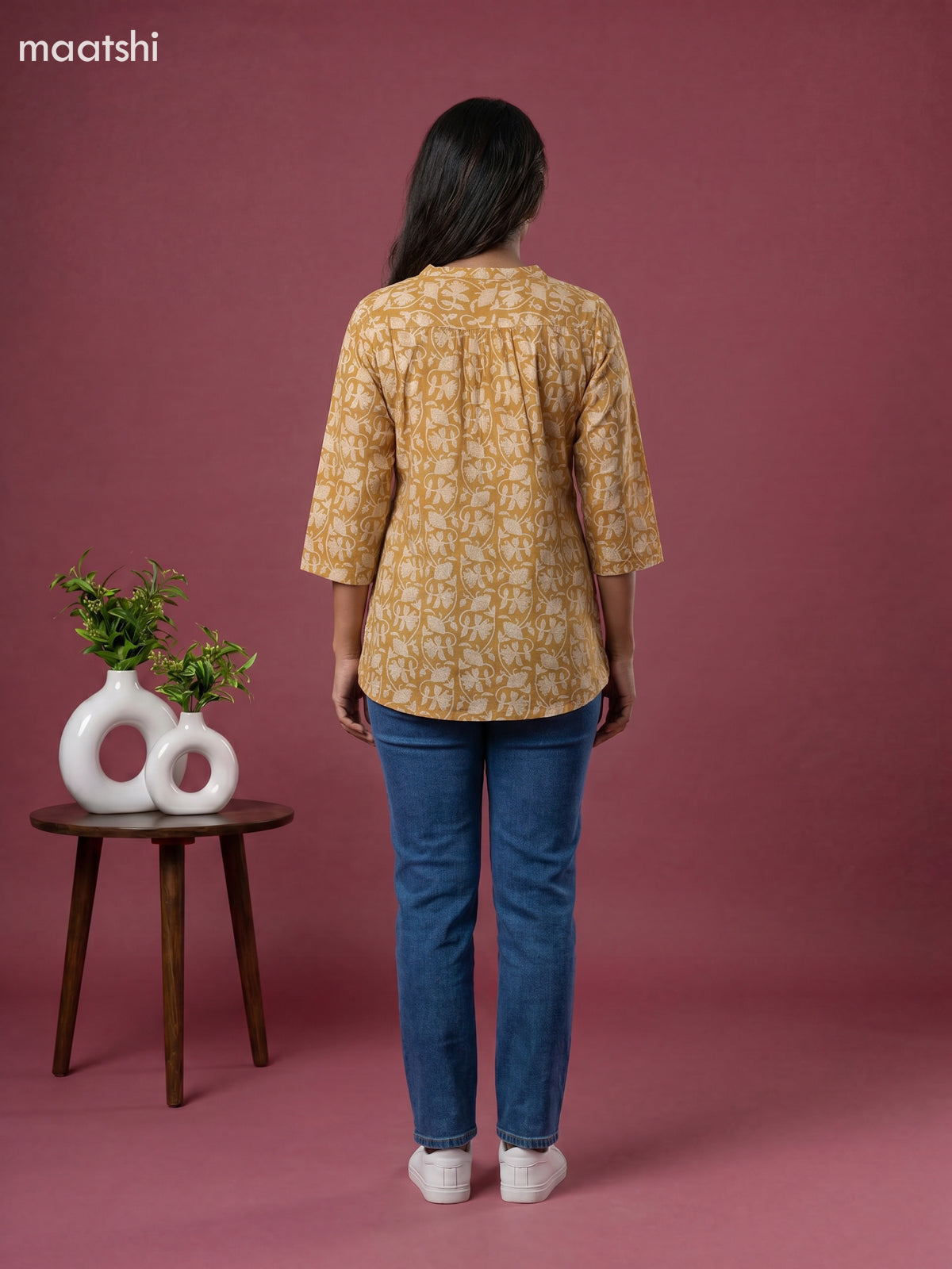 Musted Yellow Cotton Printed Short Kurti