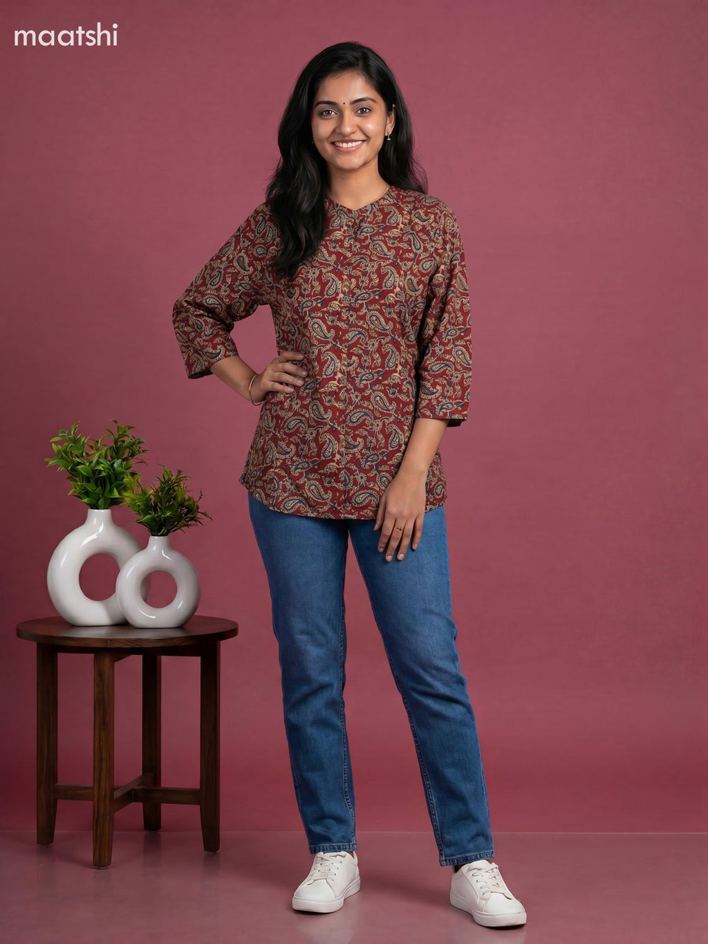 Maroon Cotton Kalamkari Printed Short Kurti
