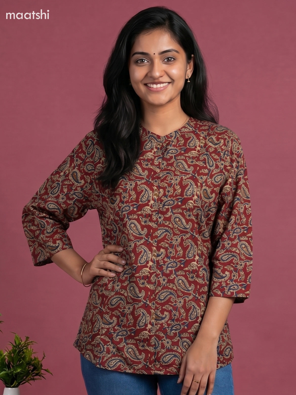 Maroon Cotton Kalamkari Printed Short Kurti