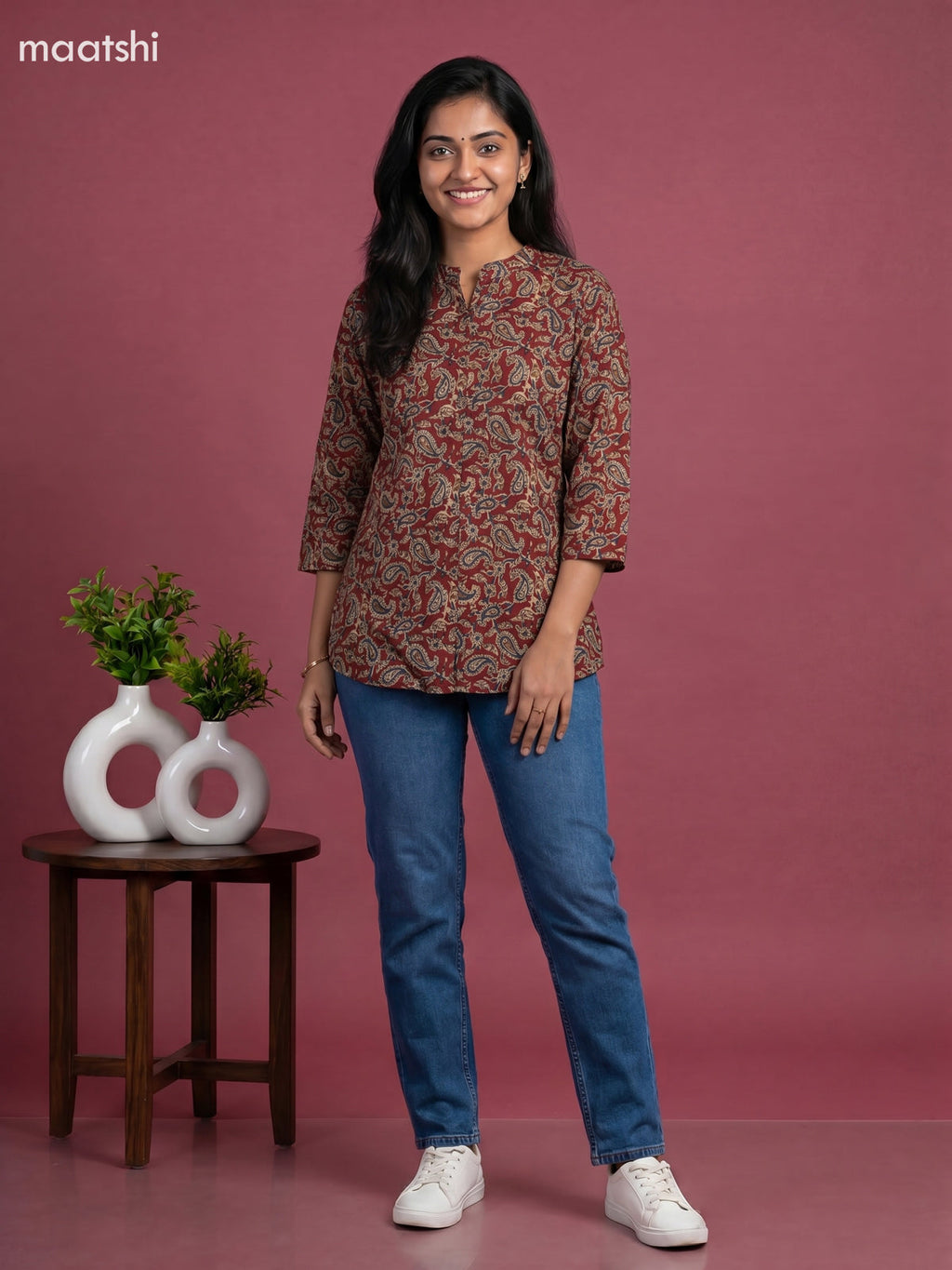 Maroon Cotton Kalamkari Printed Short Kurti