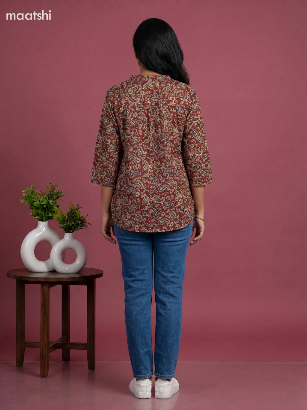 Maroon Cotton Kalamkari Printed Short Kurti