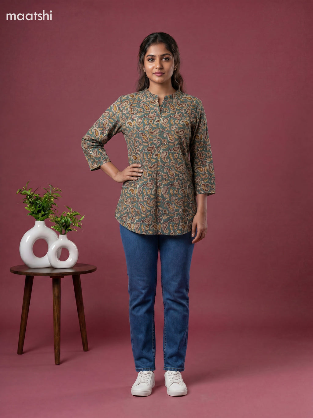 Teal Green Cotton Kalamkari Printed Short Kurti