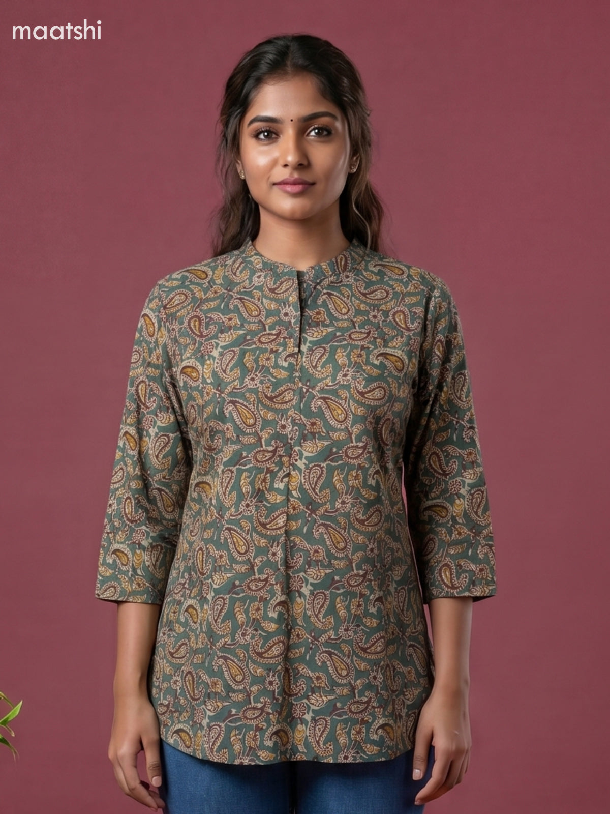 Teal Green Cotton Kalamkari Printed Short Kurti