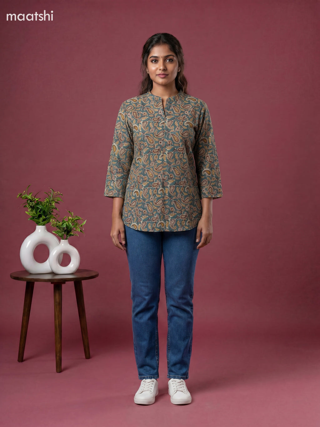 Teal Green Cotton Kalamkari Printed Short Kurti