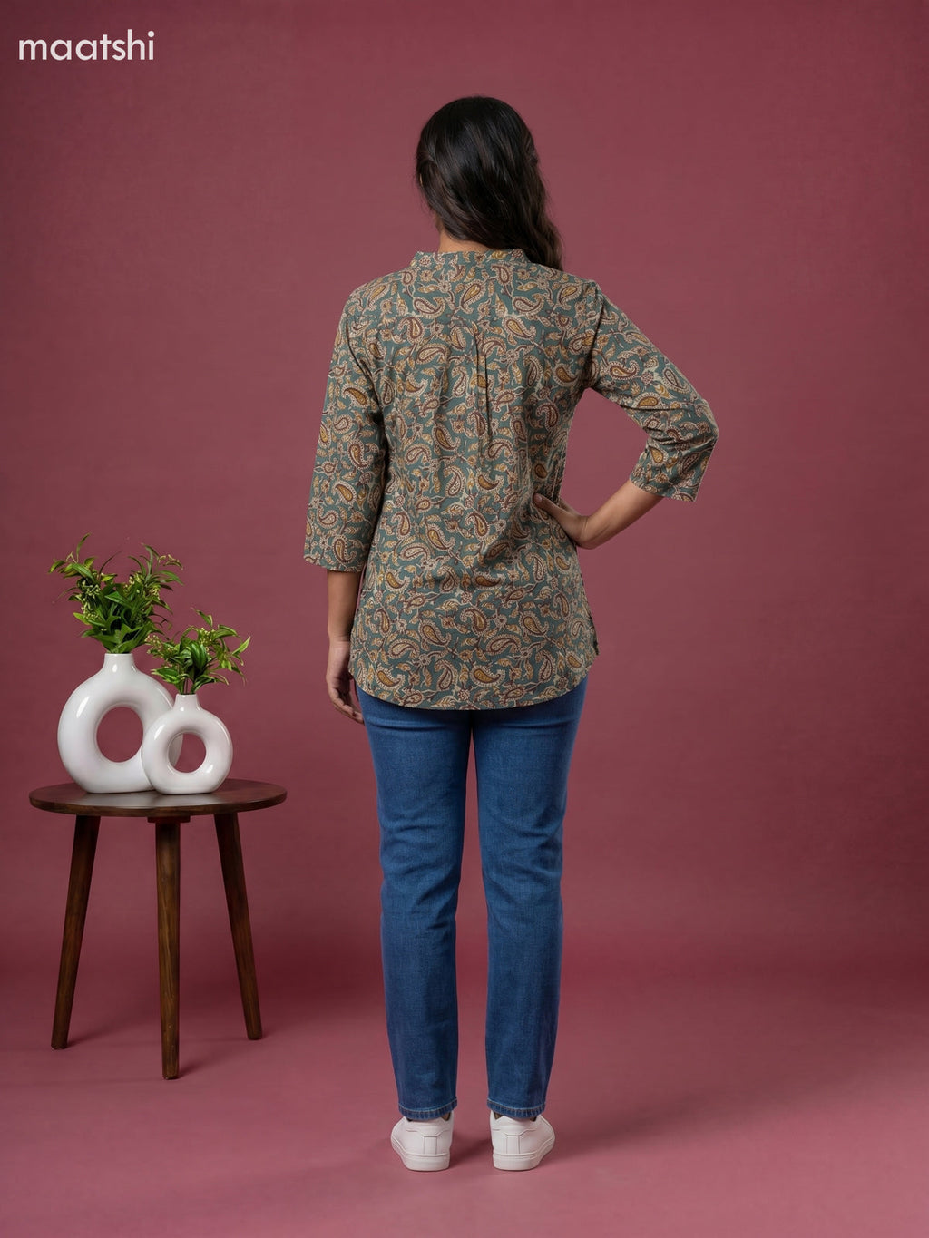 Teal Green Cotton Kalamkari Printed Short Kurti