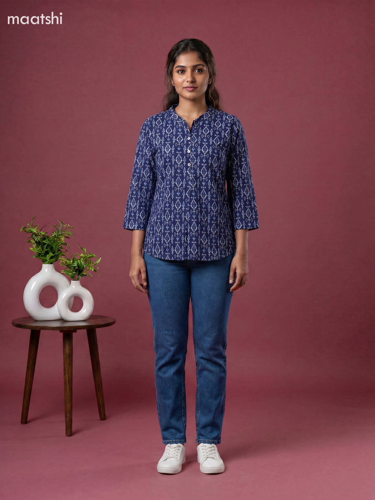 Indigo Blue Cotton Printed Short Kurti
