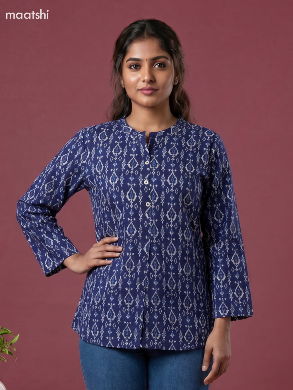 Indigo Blue Cotton Printed Short Kurti
