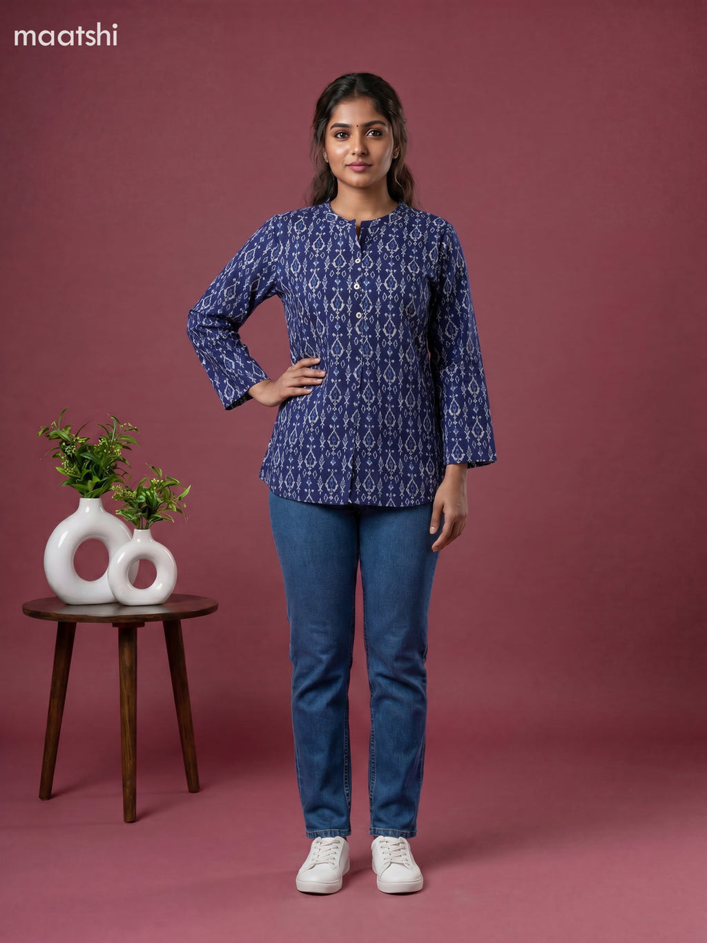 Indigo Blue Cotton Printed Short Kurti