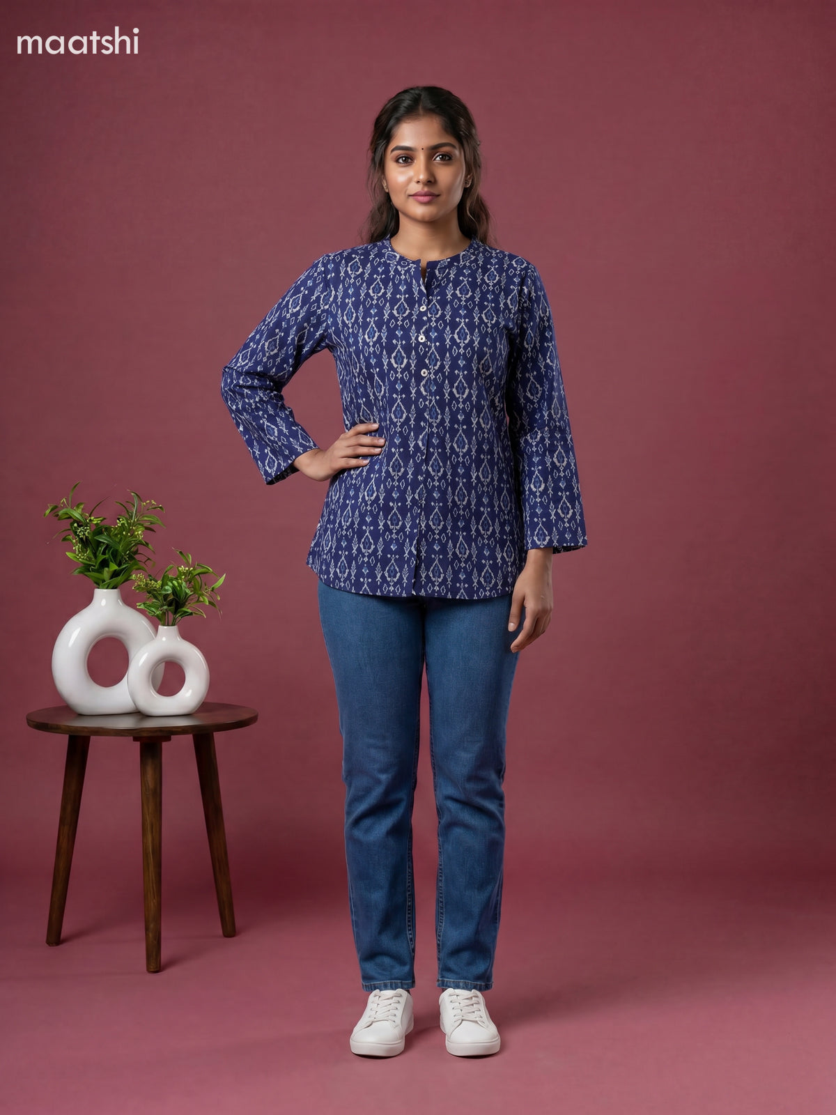 Indigo Blue Cotton Printed Short Kurti