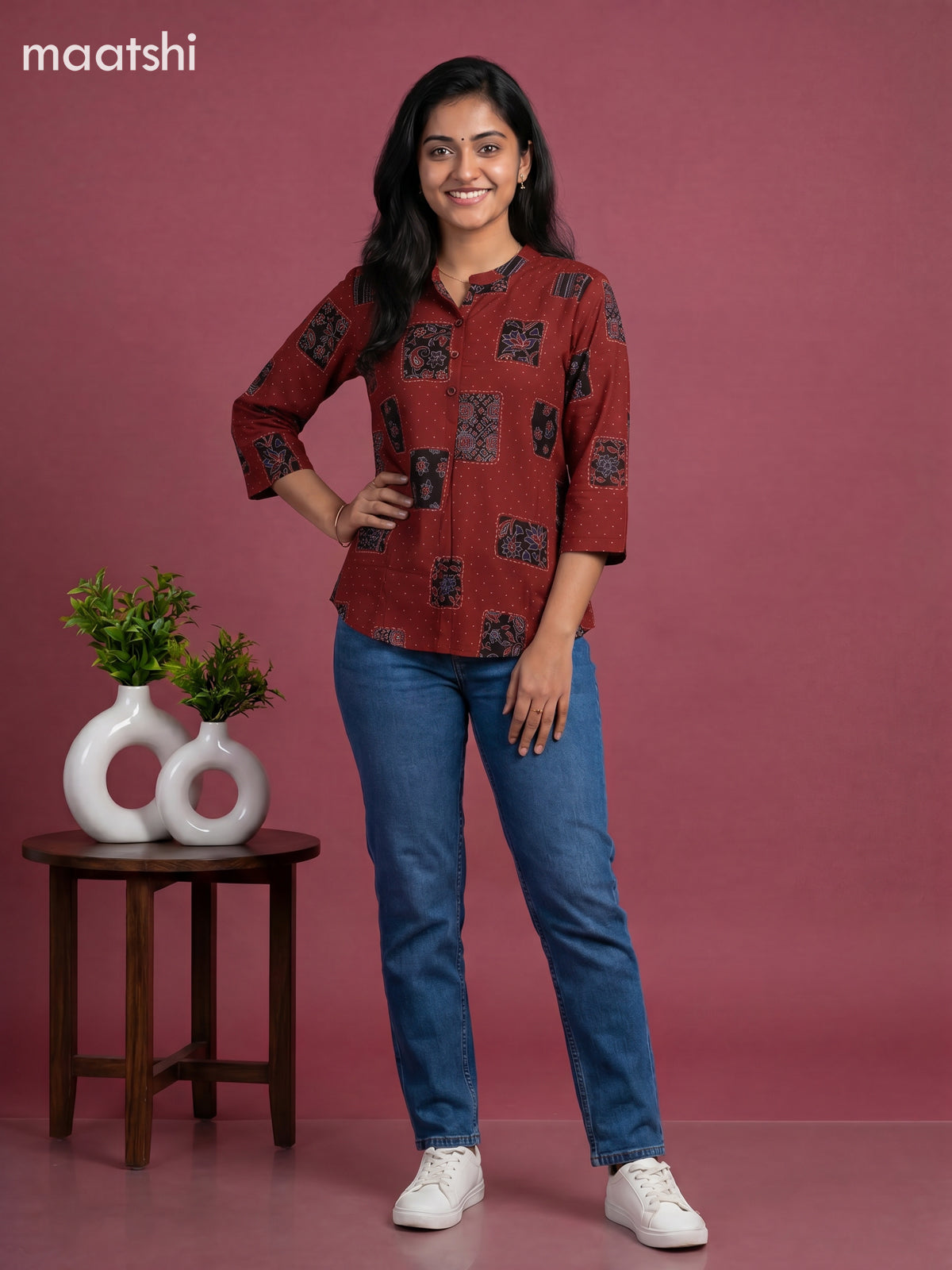 Maroon Cotton Ajrakh Printed Short Kurti