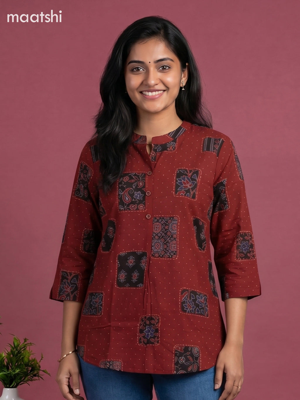Maroon Cotton Ajrakh Printed Short Kurti